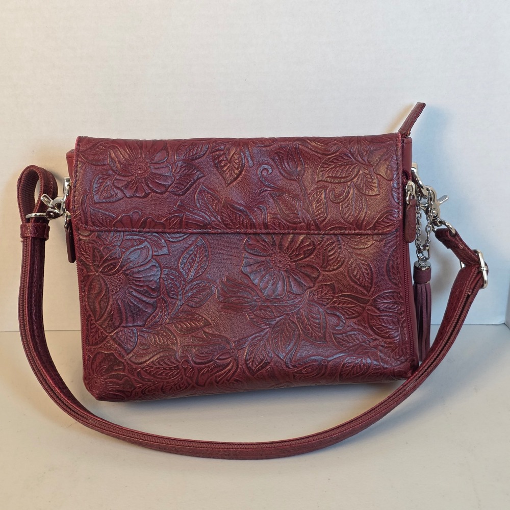 Gun Tote'n Mamas Tooled Floral Embossed Cowhide RFID Concealed Carry Burgundy
